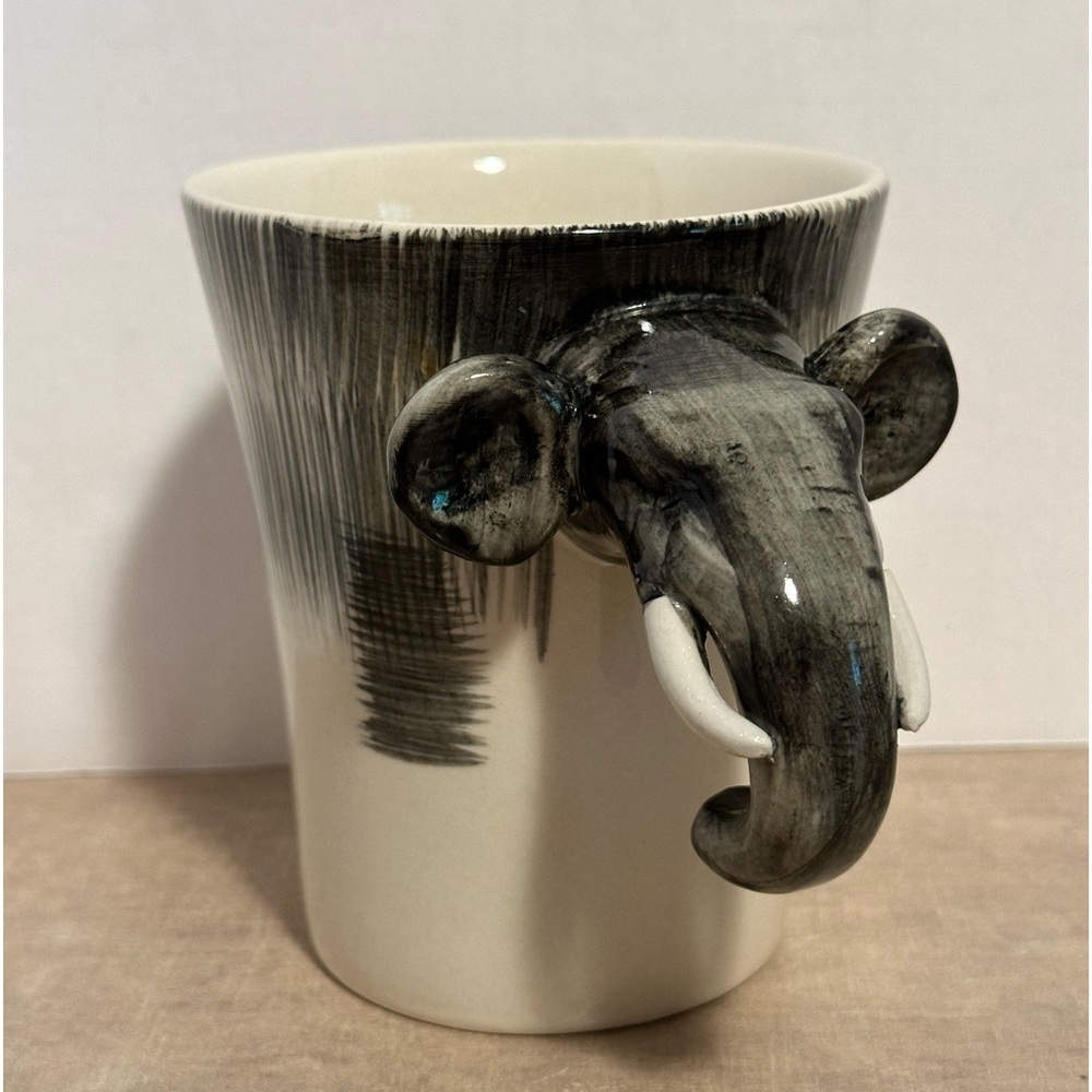 Pier 1 Grey 3D Elephant Mug Trunk for Handle Handpainted Stoneware 16 ounce